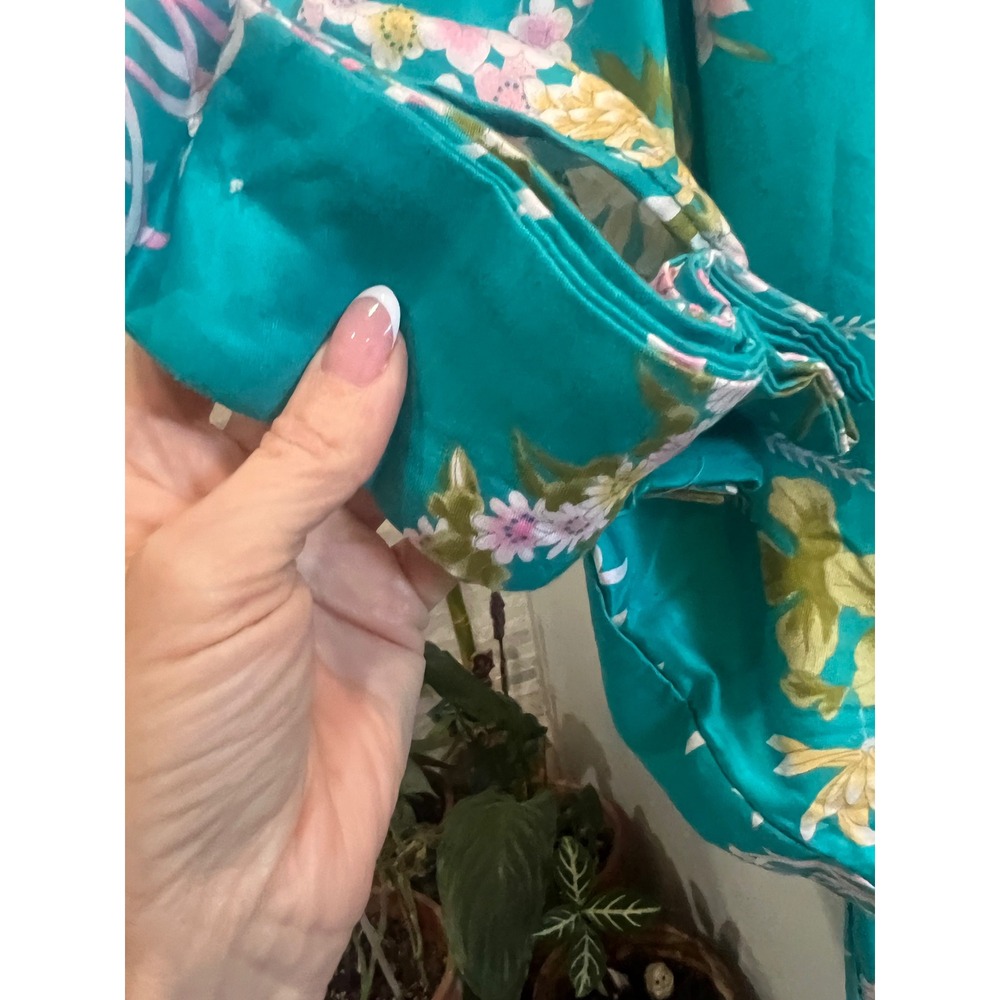 Vintage Japanese Cotton Kimono Robe Teal Pink Floral Chrysanthemum Yukata Japan - Picture 8 of 9